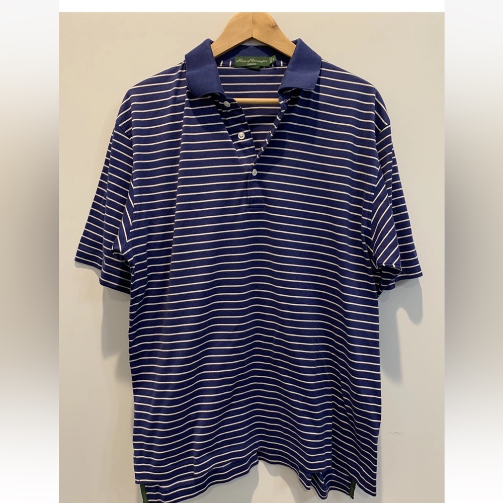 HOUSE OF CARRINGTON LEGEND MENS SS POLO SZ  Large Blue Stripe